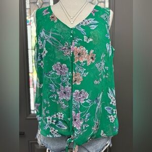 Roz & Ali Floral Green Sleeveless Split Tie Front Chiffon Blouse